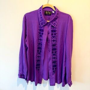 Bob Mackie Silk Purple Button-Up Shirt with Geometric Embroidered Design Size M